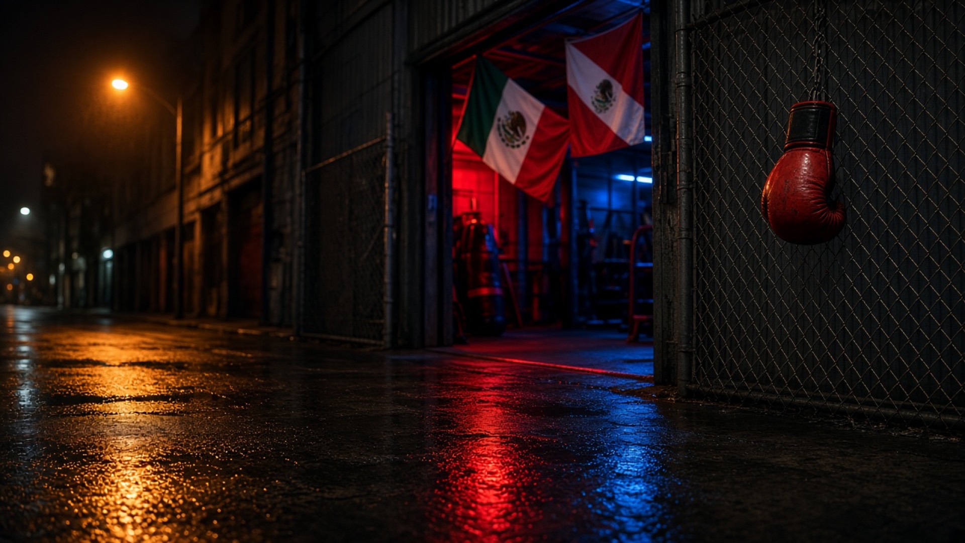 Night exterior of a Baja combat gym, wet street, Mexican flags in the doorway, boxing glove on chain-link.